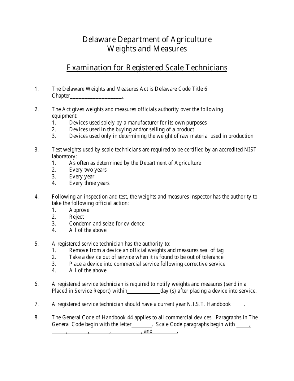 Examination for Registered Scale Technicians - Delaware, Page 1