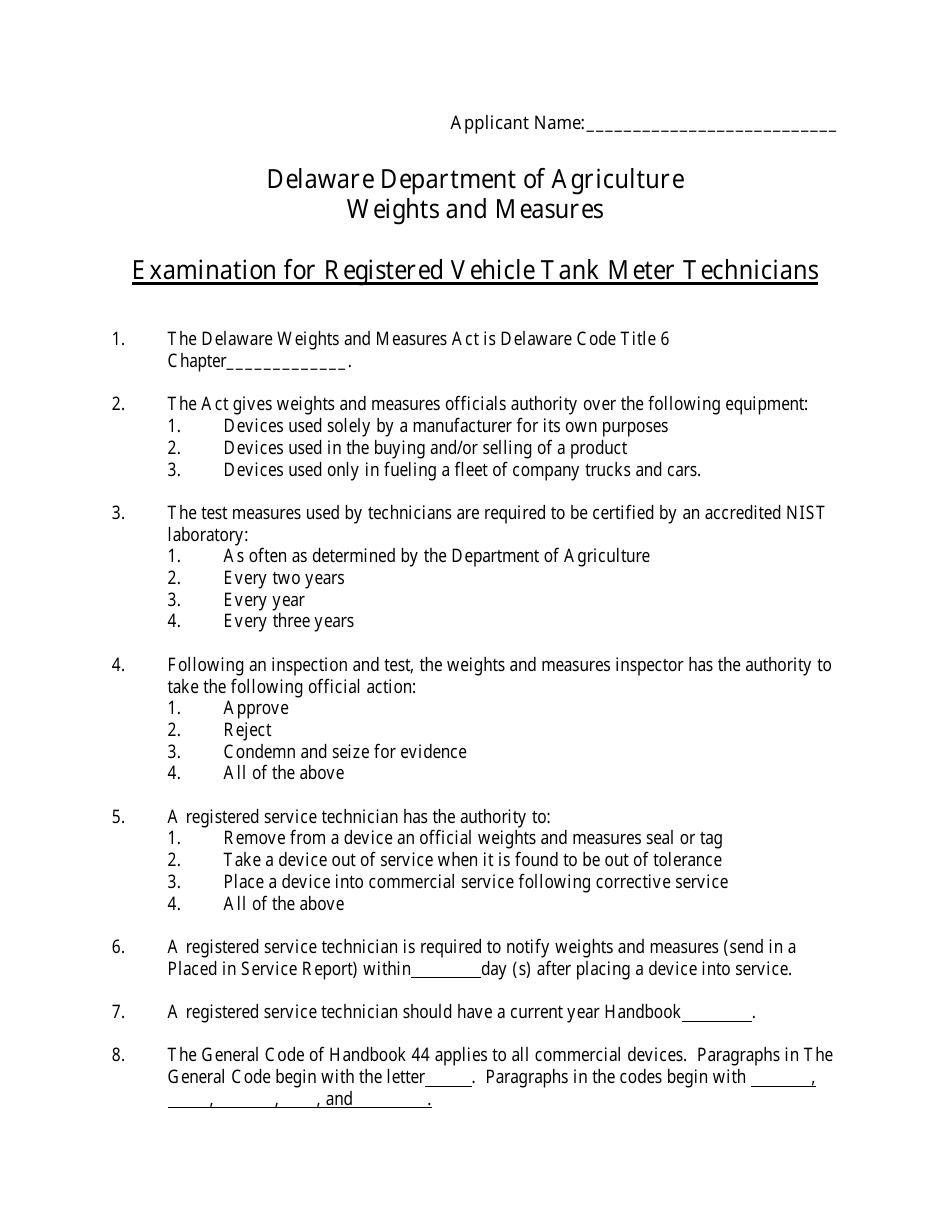 Examination for Registered Vehicle Tank Meter Technicians - Delaware, Page 1