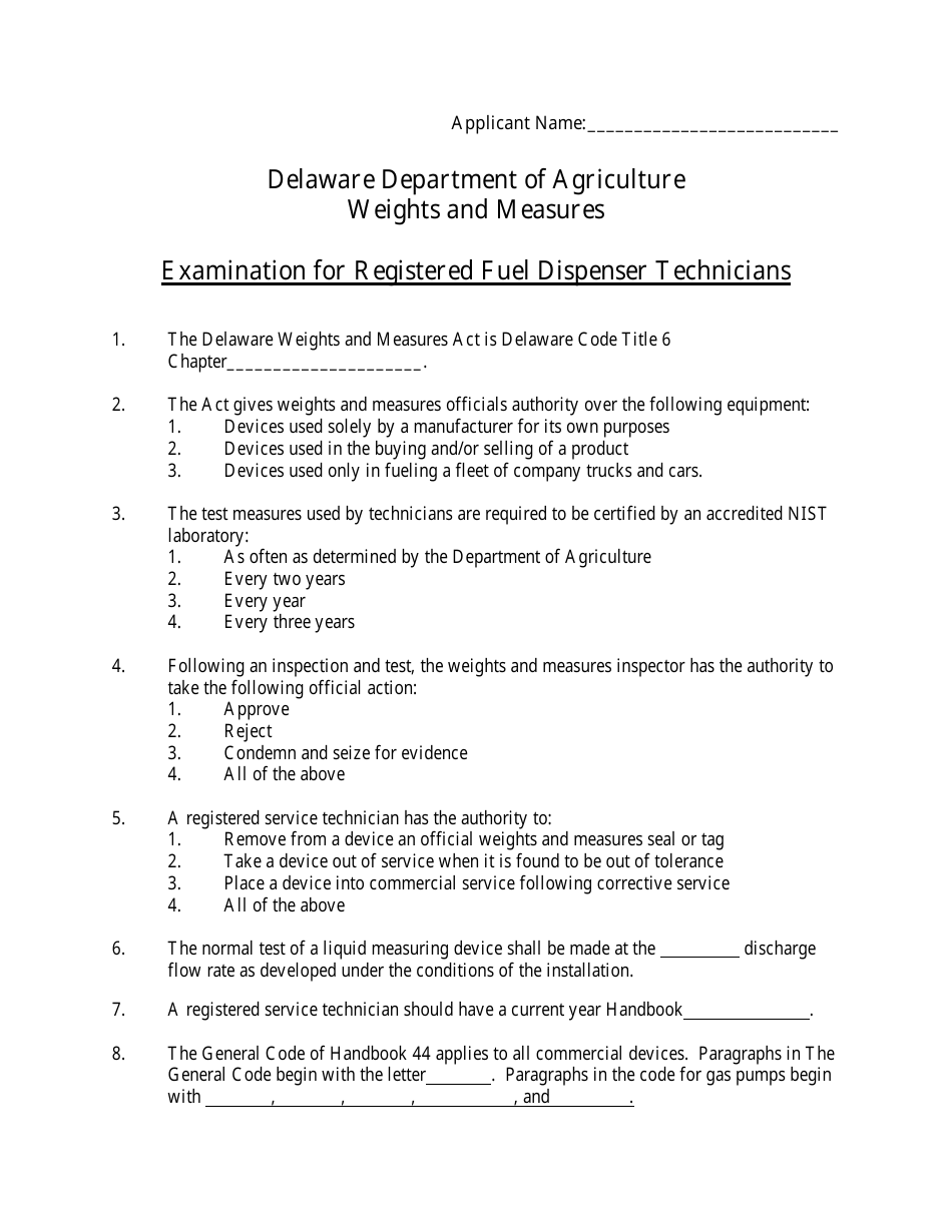 Examination for Registered Fuel Dispenser Technicians - Delaware, Page 1