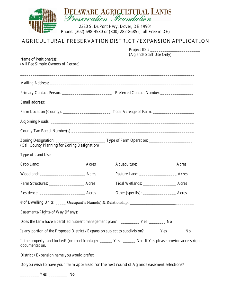 Agricultural Preservation District / Expansion Application Form - Delaware, Page 1