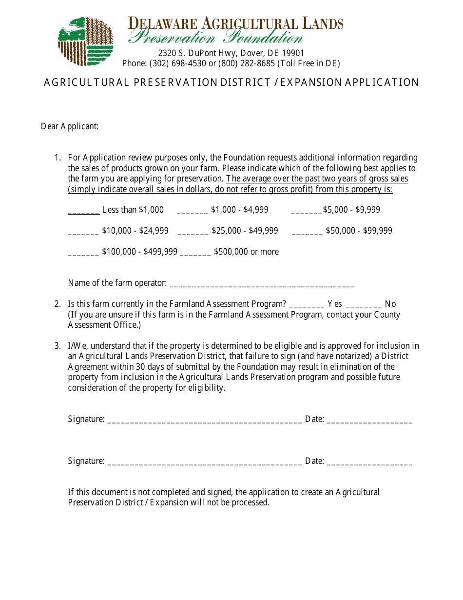 Agricultural Preservation District / Expansion Application Form - Delaware, Page 2