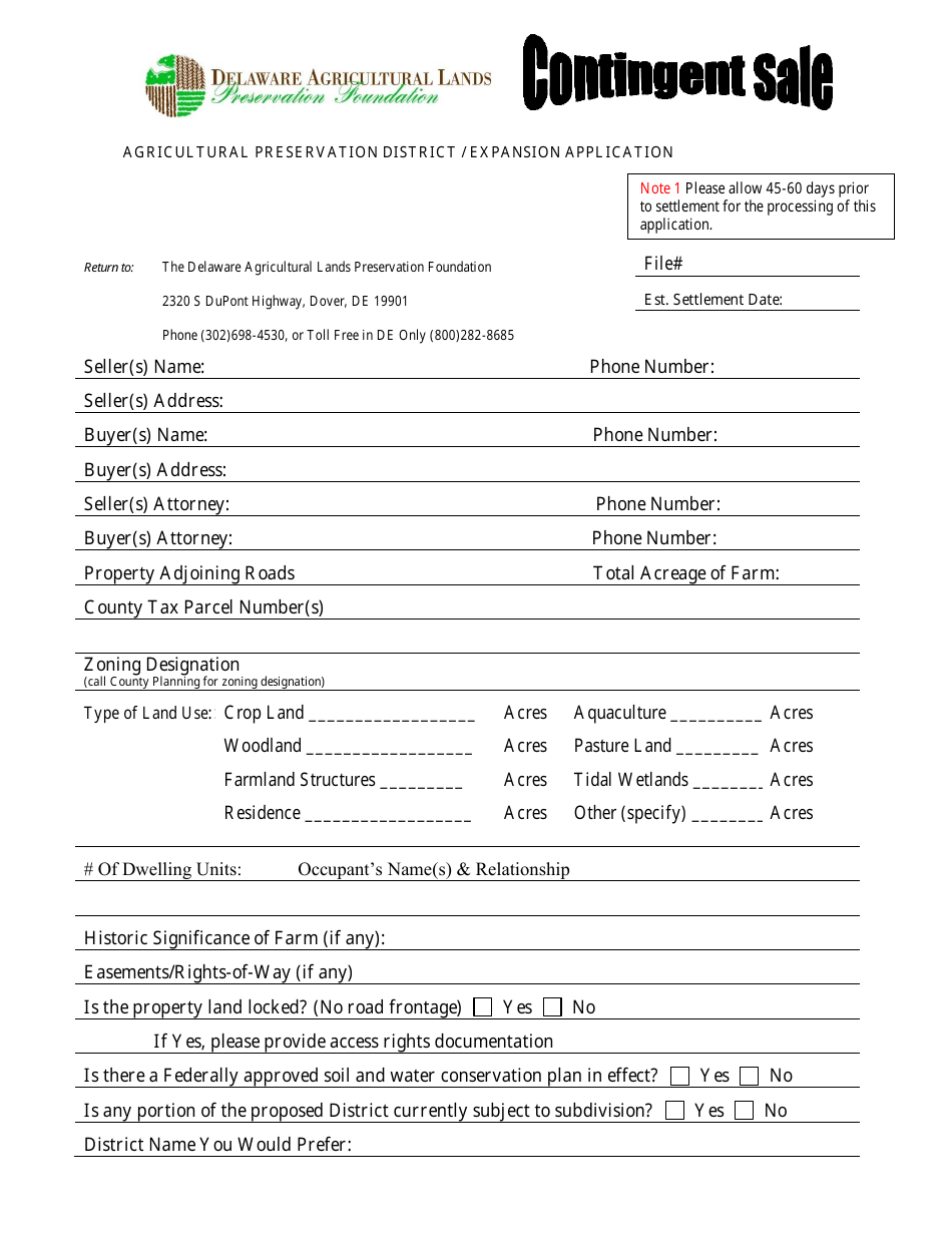 Agricultural Preservation District / Expansion Application Form - Contingent Sale - Delaware, Page 2
