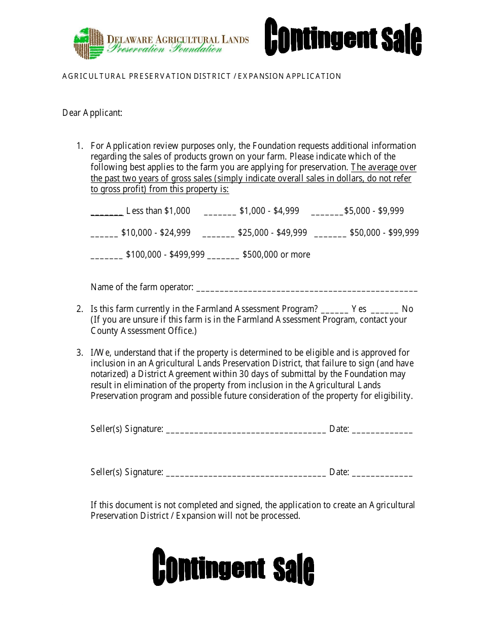 Agricultural Preservation District / Expansion Application Form - Contingent Sale - Delaware, Page 3