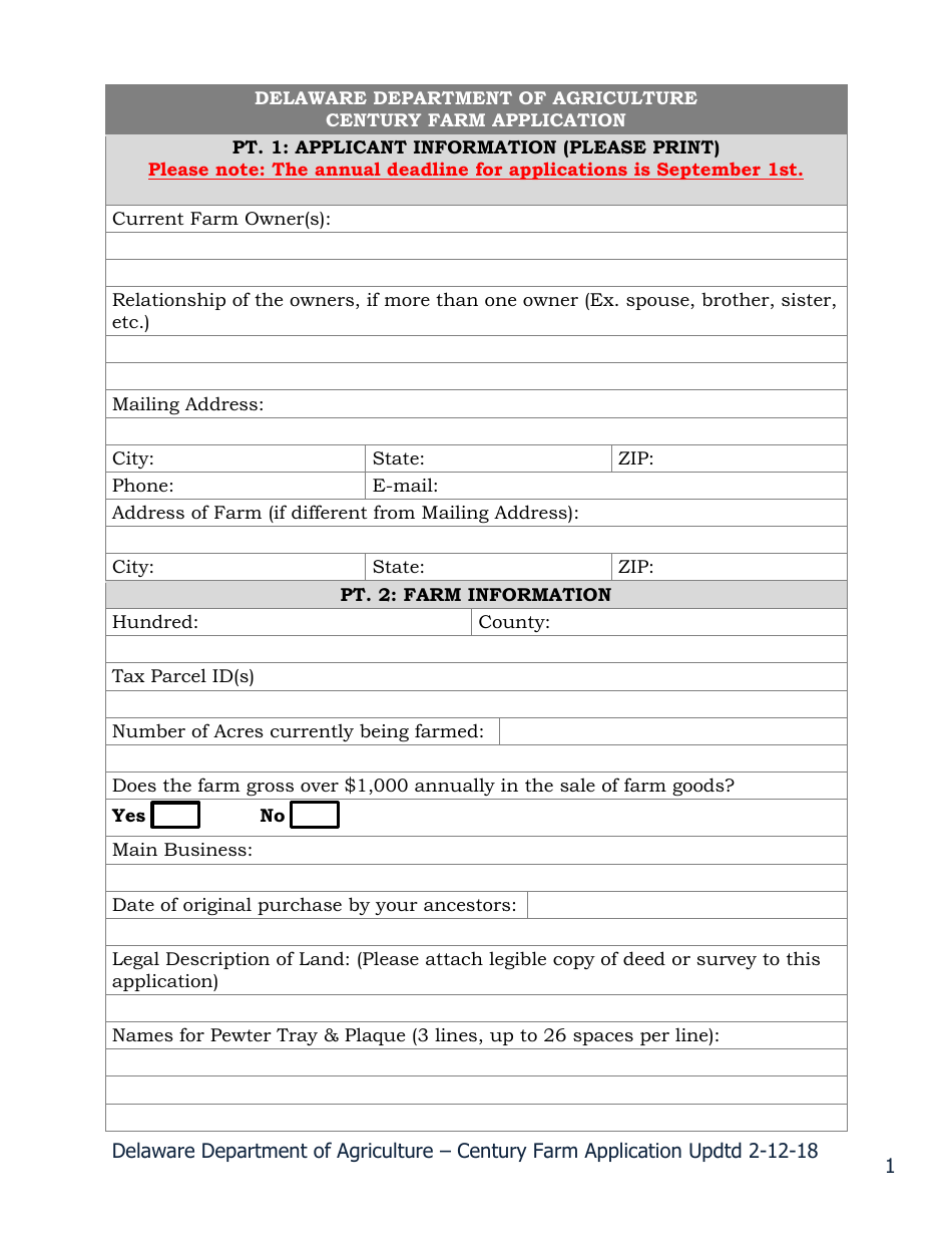 Century Farm Application Form - Delaware, Page 1