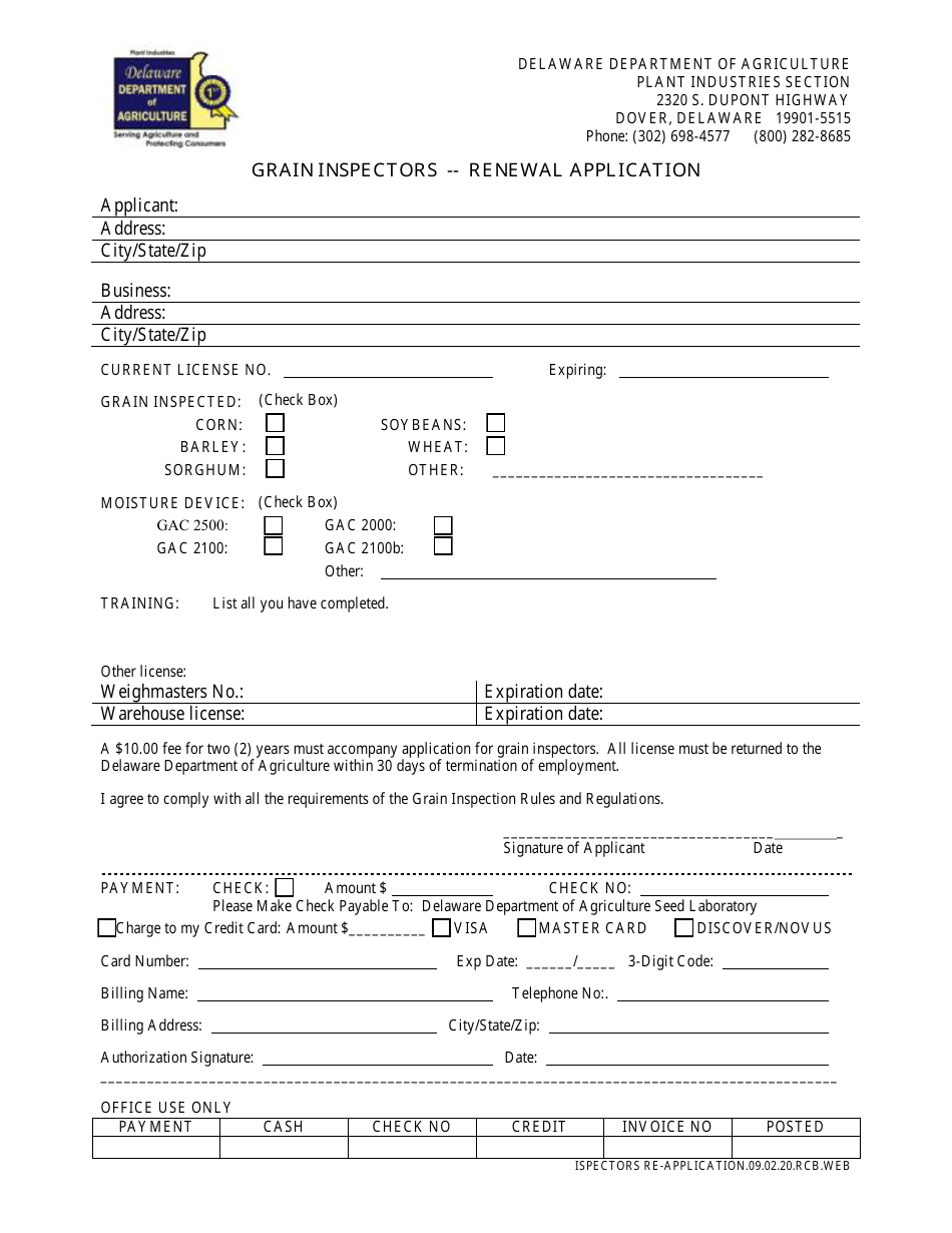 Grain Inspectors - Renewal Application Form - Delaware, Page 1