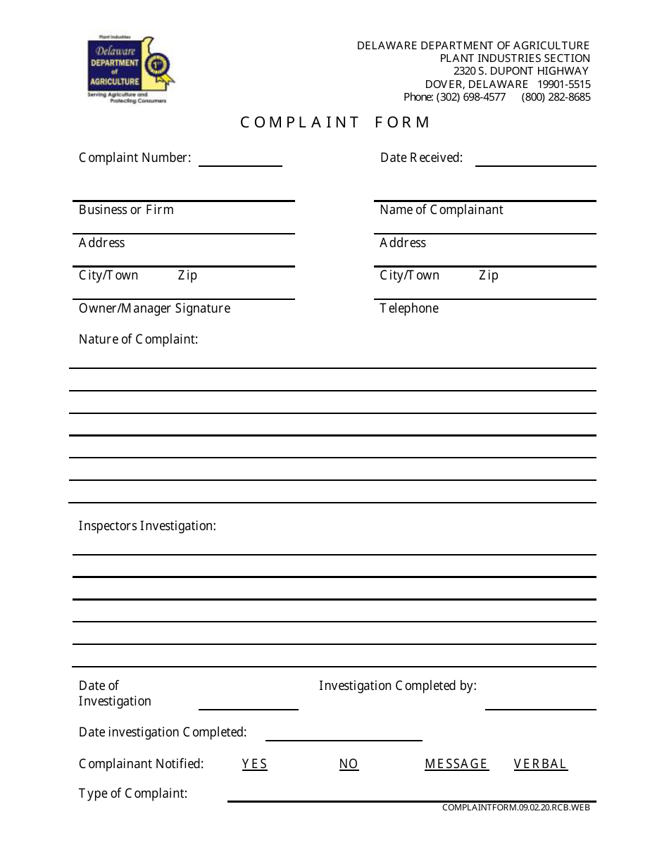 Complaint Form - Delaware, Page 1