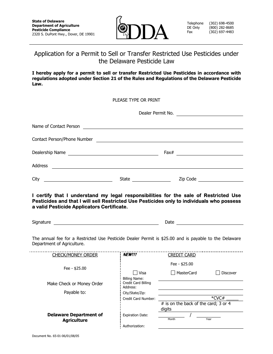 Delaware Application for a Permit to Sell or Transfer Restricted Use