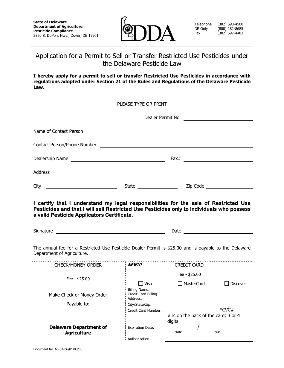 Application for a Permit to Sell or Transfer Restricted Use Pesticides Under the Delaware Pesticide Law - Delaware, Page 1