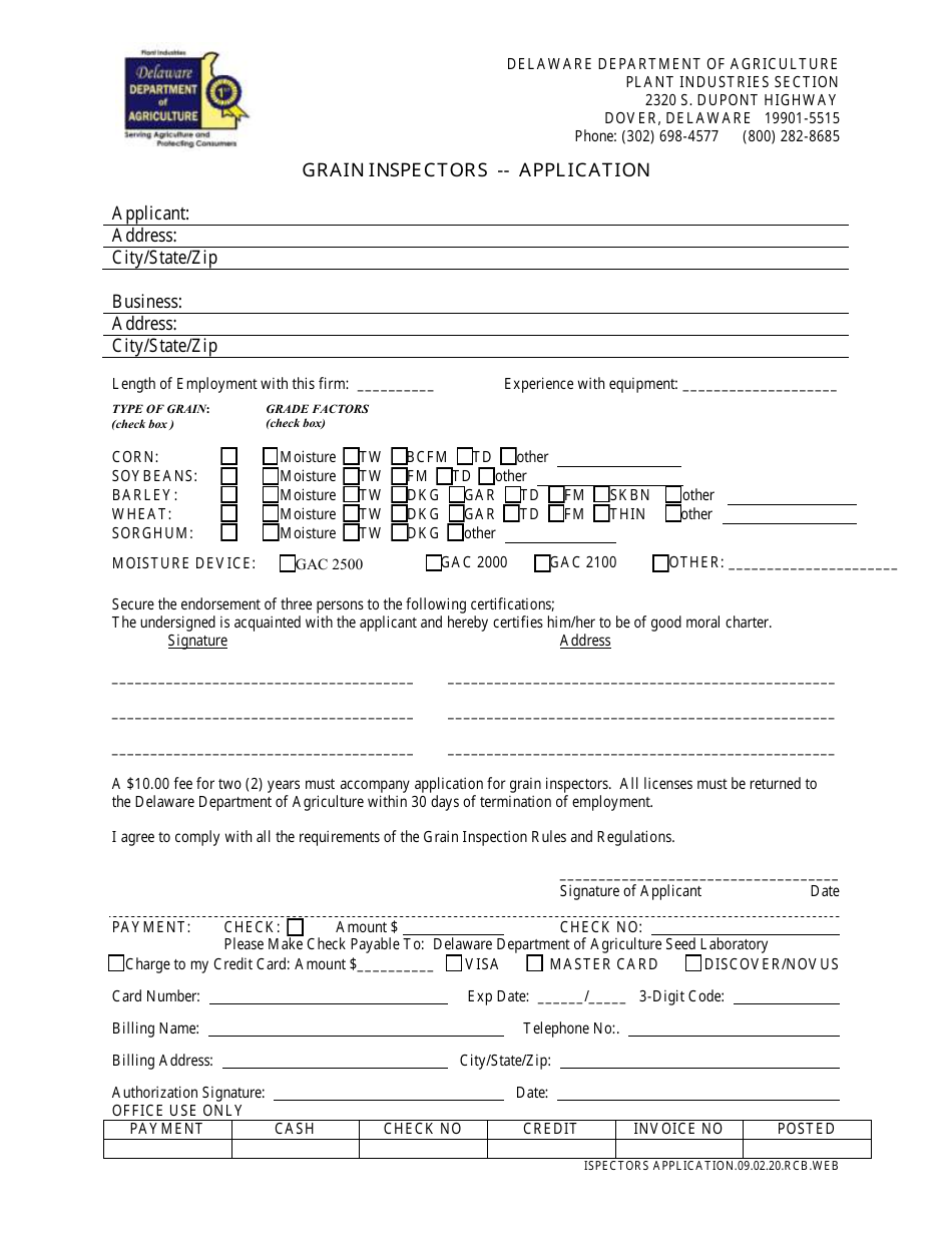 Grain Inspectors - Application Form - Delaware, Page 1