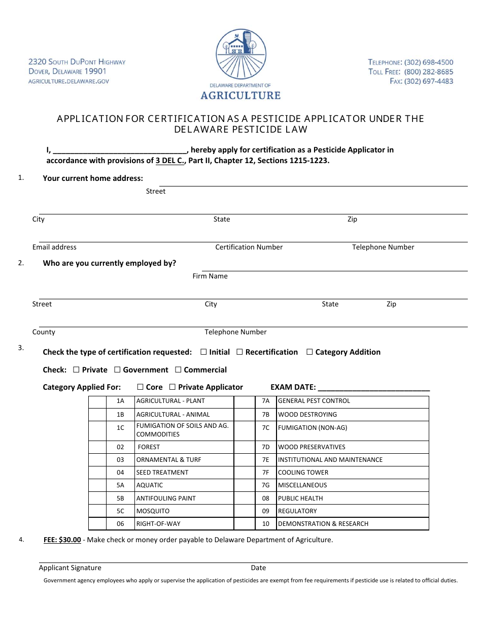Application for Certification as a Pesticide Applicator Under the Delaware Pesticide Law - Delaware, Page 1