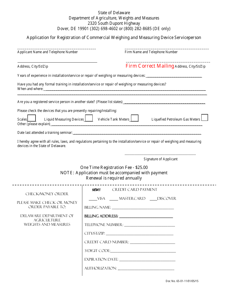 Application for Registration of Commercial Weighing and Measuring Device Serviceperson - Delaware, Page 1