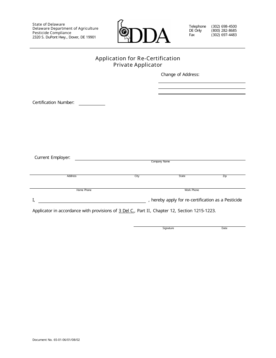 Delaware Application for Recertification Private Applicator Fill