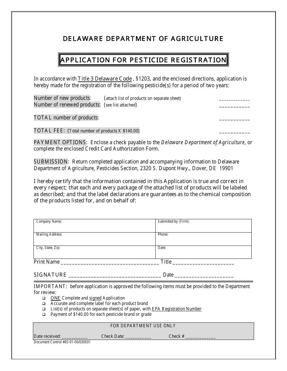 Application for Pesticide Registration - Delaware, Page 1