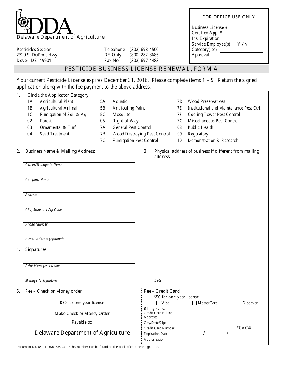 Form A Pesticide Business License Renewal - Delaware, Page 1