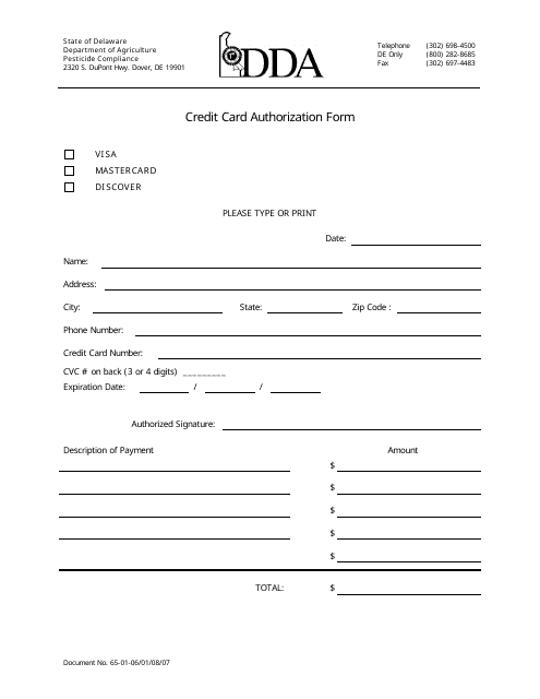 Credit Card Authorization Form - Delaware Download Pdf