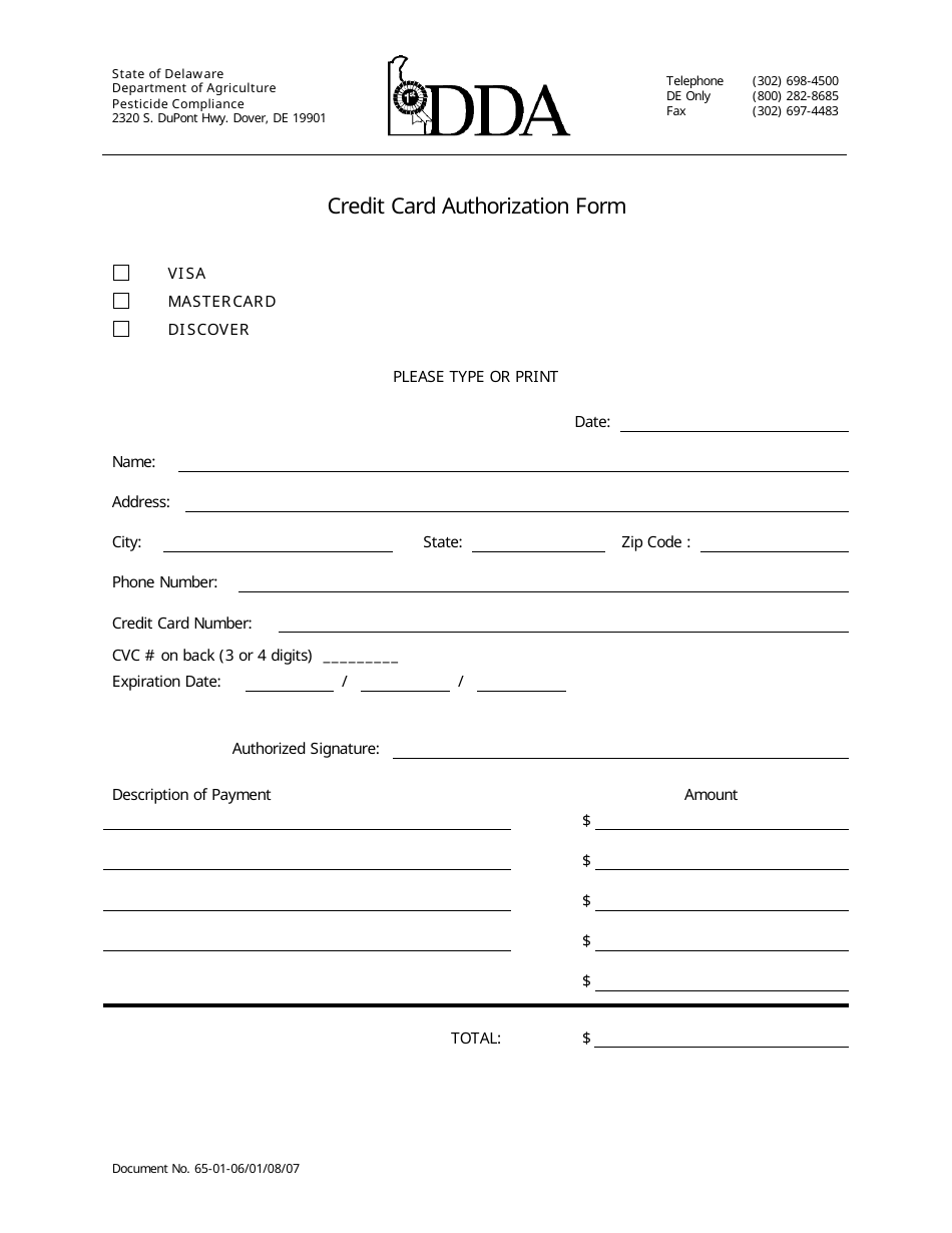Credit Card Authorization Form - Delaware, Page 1