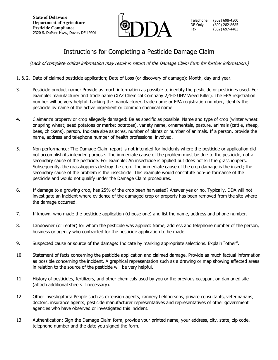 Instructions for Pesticide Damage Claim Form - Delaware, Page 1