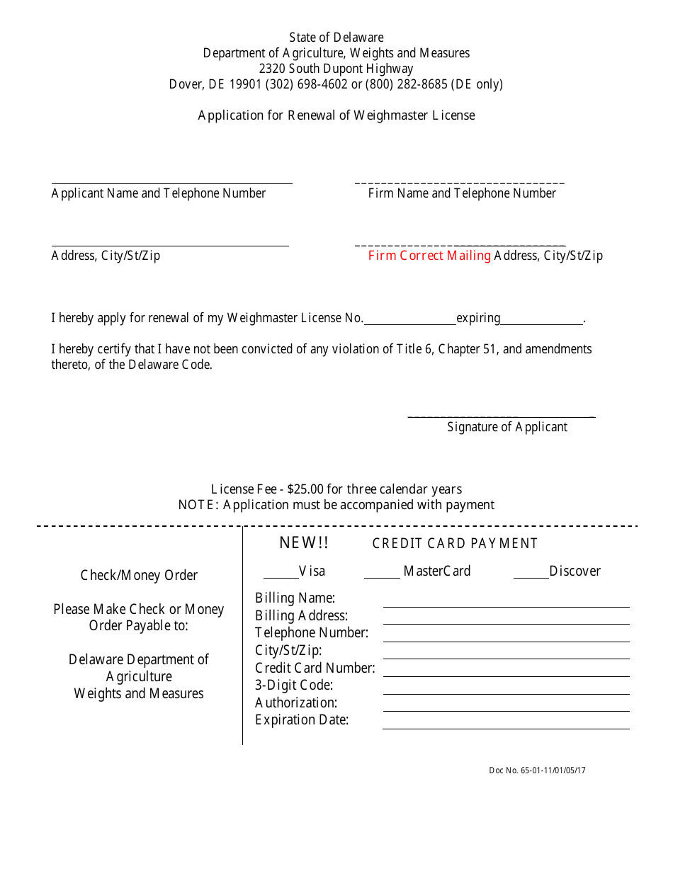 Application for Renewal of Weighmaster License - Delaware, Page 1