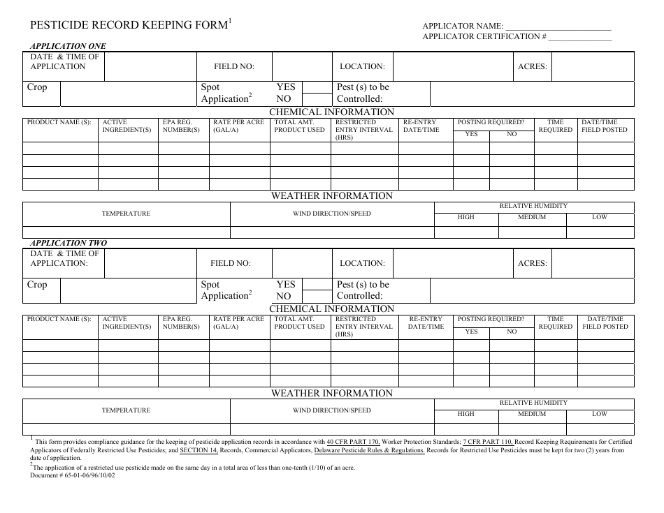 Pesticide Record Keeping Form - Delaware, Page 1
