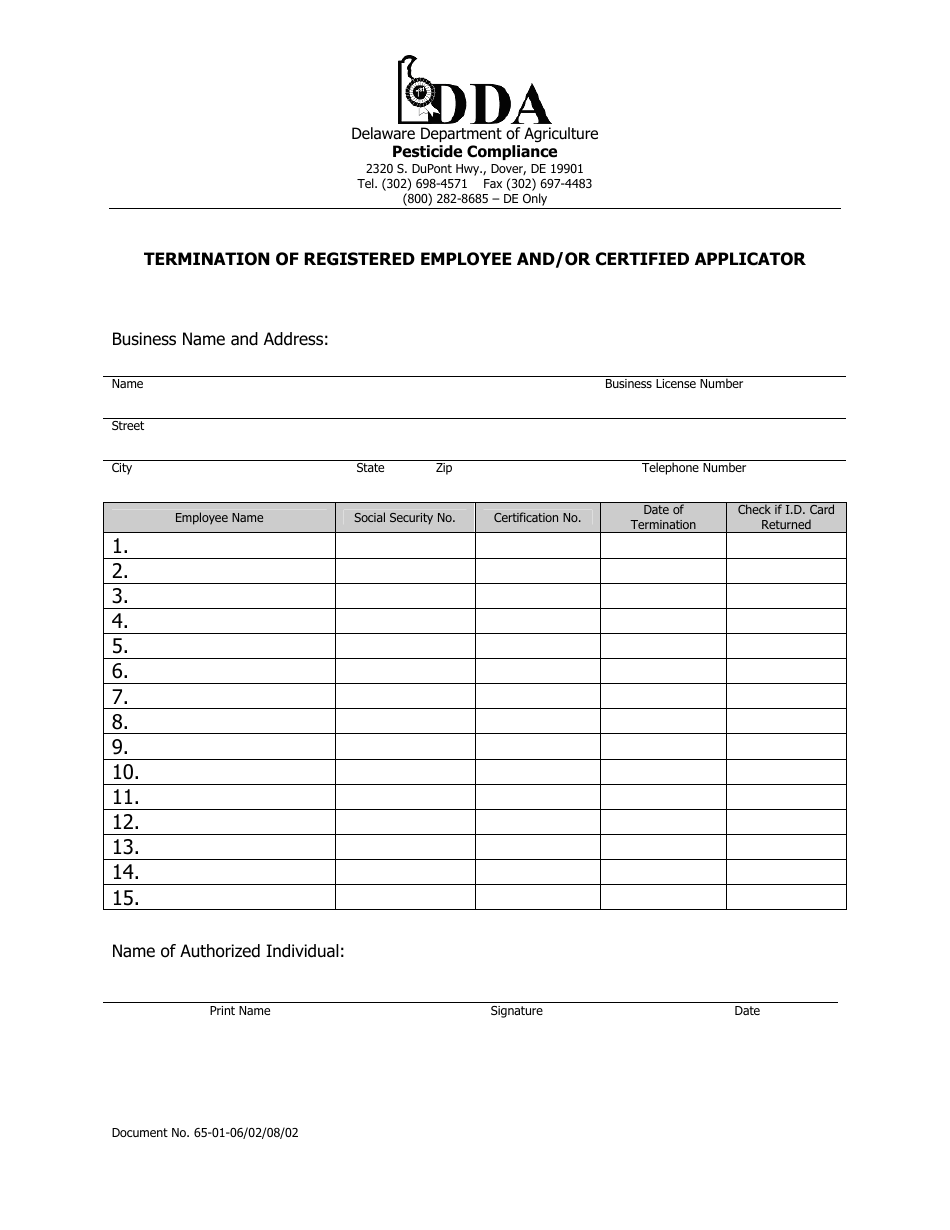Termination of Registered Employee and / or Certified Applicator - Delaware, Page 1
