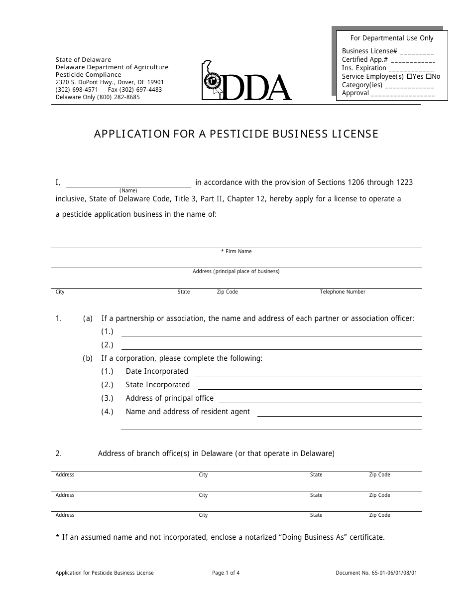 Application for a Pesticide Business License - Delaware, Page 1