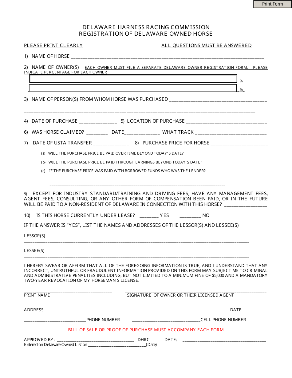 Delaware Registration of Delaware Owned Horse - Fill Out, Sign Online ...