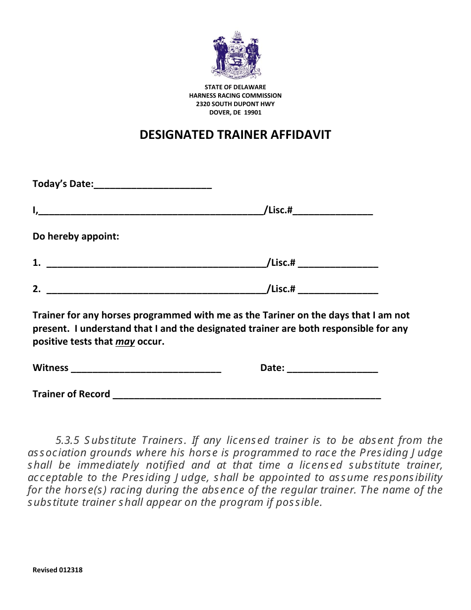 Designated Trainer Affidavit Form - Delaware, Page 1