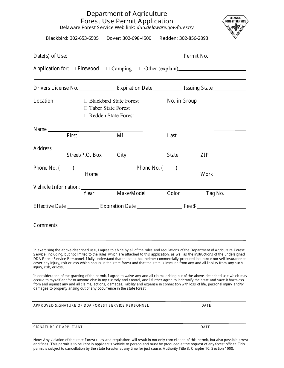 Forest Use Permit Application Form - Delaware, Page 1