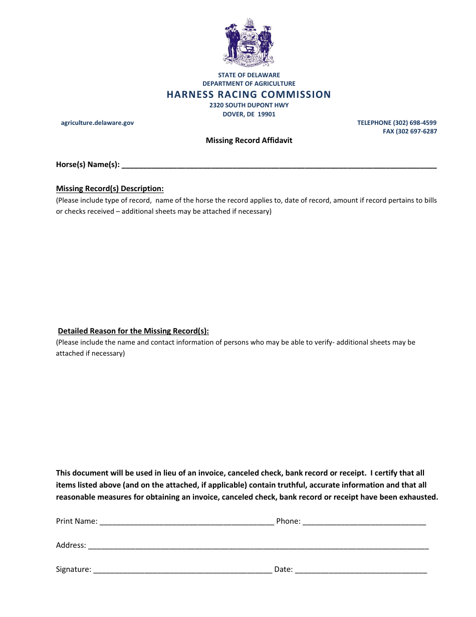 Missing Record Affidavit Form - Delaware, Page 1