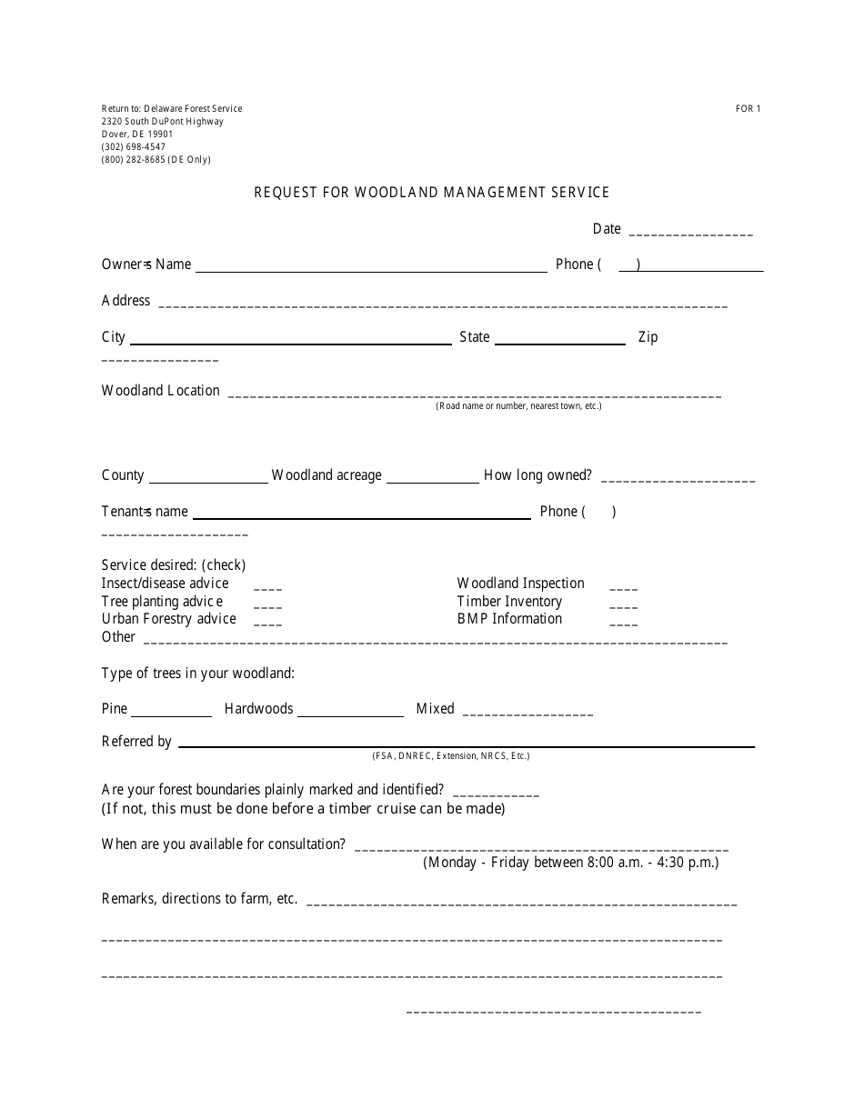 Form FOR1 Request for Woodland Management Service - Delaware, Page 1