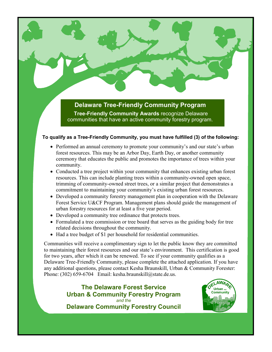 Delaware Tree-Friendly Community Award Application Form - Delaware, Page 1
