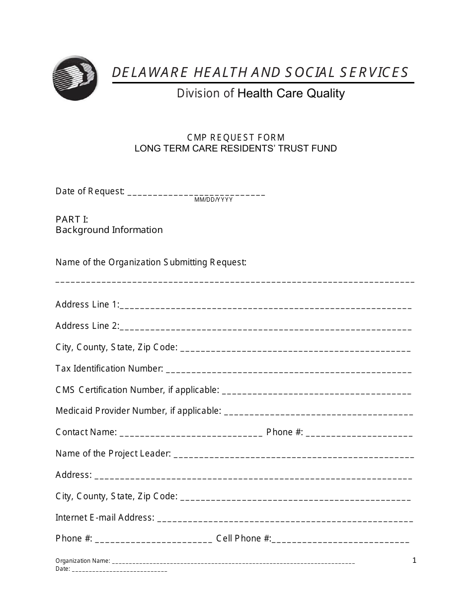 Cmp Request Form - Long Term Care Residents Trust Fund - Delaware, Page 1