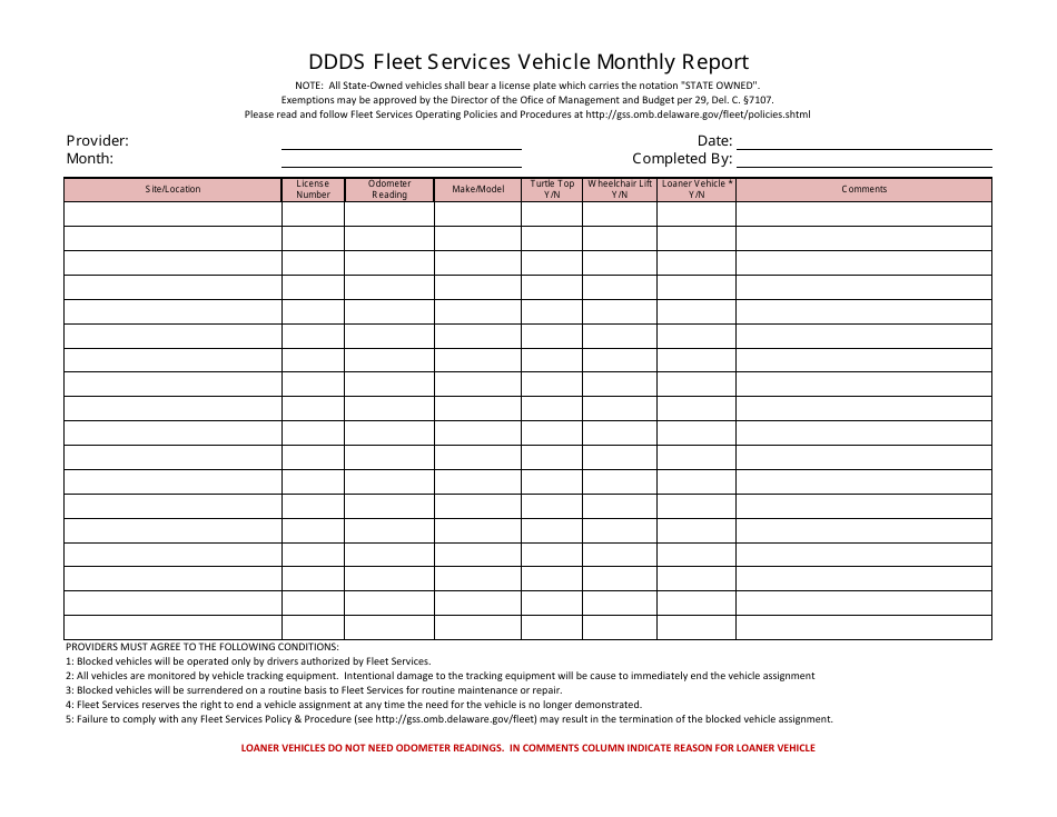 Delaware Ddds Fleet Services Vehicle Monthly Report Form Fill Out