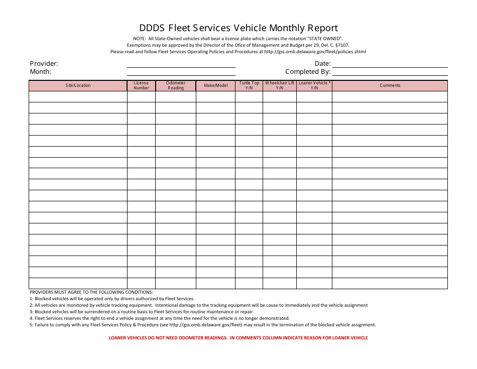 Ddds Fleet Services Vehicle Monthly Report Form - Delaware, Page 1