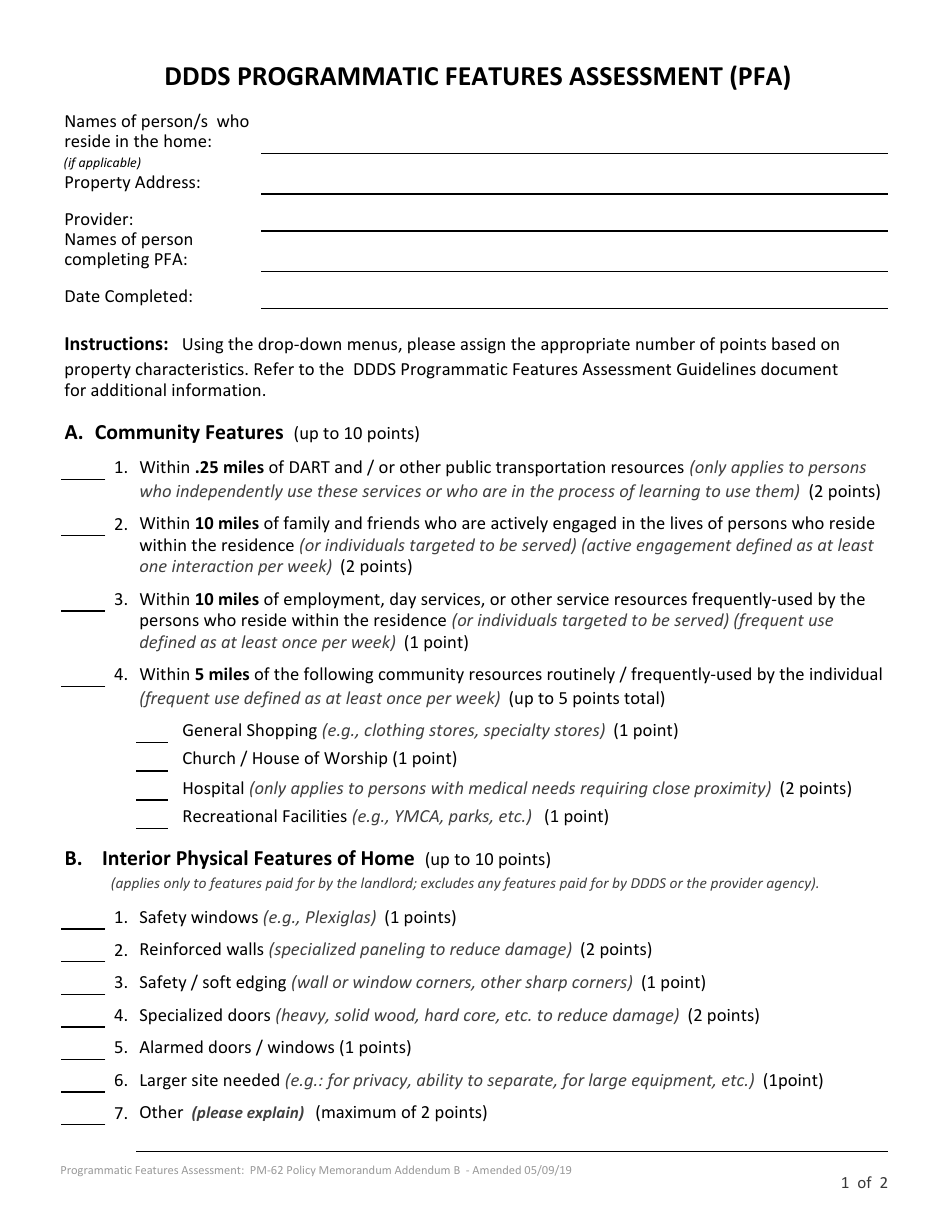 Ddds Programmatic Features Assessment (Pfa) Form - Delaware, Page 1