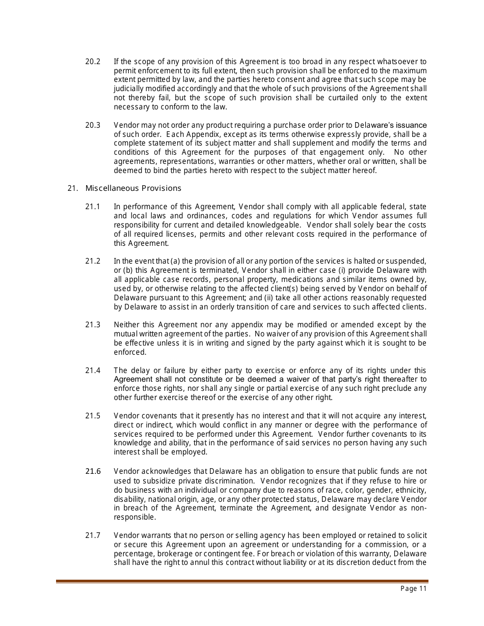 Sample Professional Services Agreement for Residential Habilitation, Day Program Services and / or Clinical Services - Delaware, Page 11