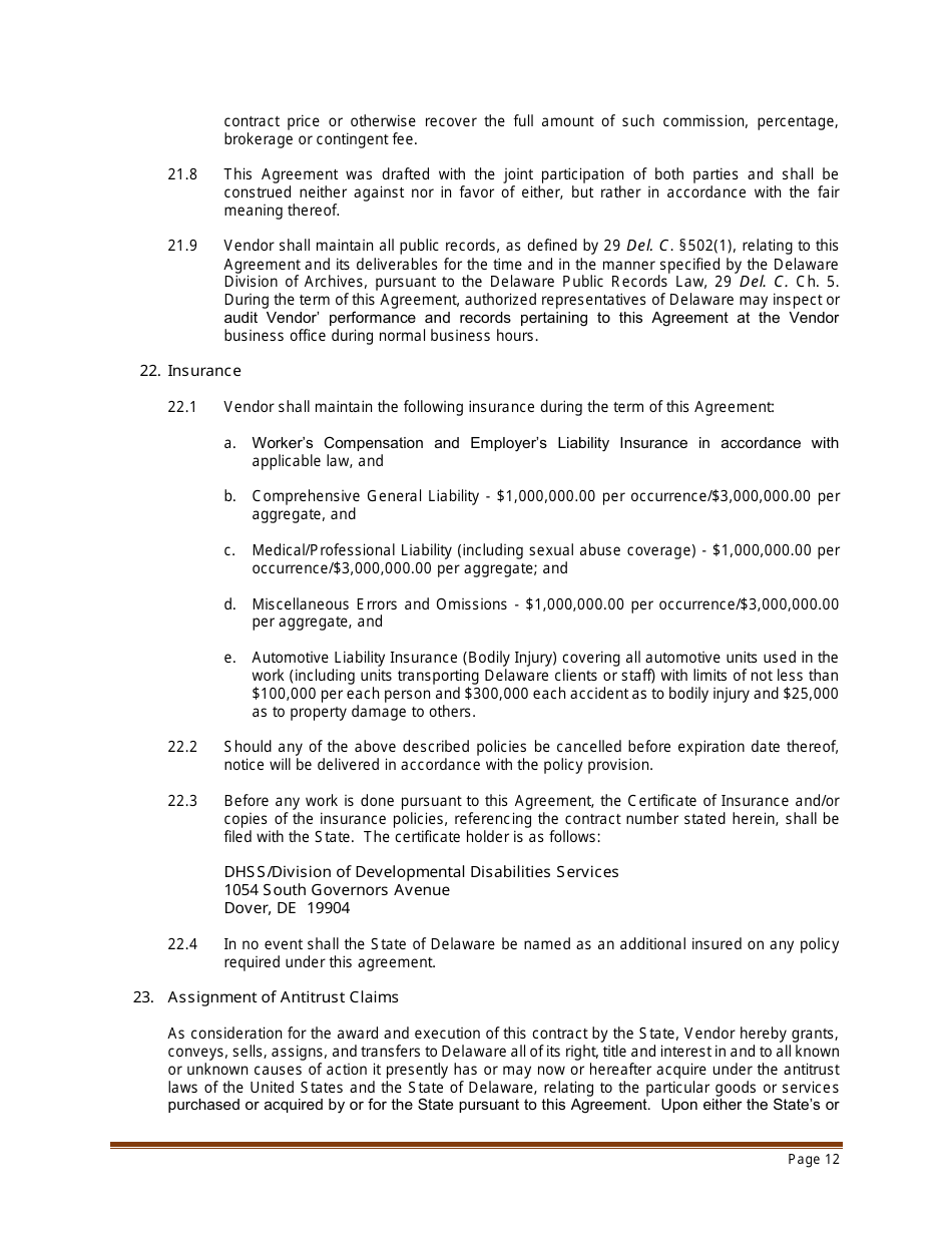 Sample Professional Services Agreement for Residential Habilitation, Day Program Services and / or Clinical Services - Delaware, Page 12