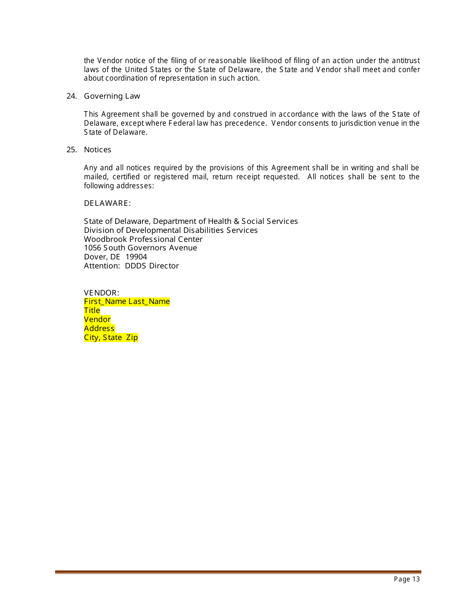Sample Professional Services Agreement for Residential Habilitation, Day Program Services and / or Clinical Services - Delaware, Page 13