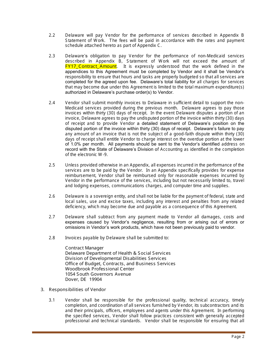 Sample Professional Services Agreement for Residential Habilitation, Day Program Services and / or Clinical Services - Delaware, Page 2