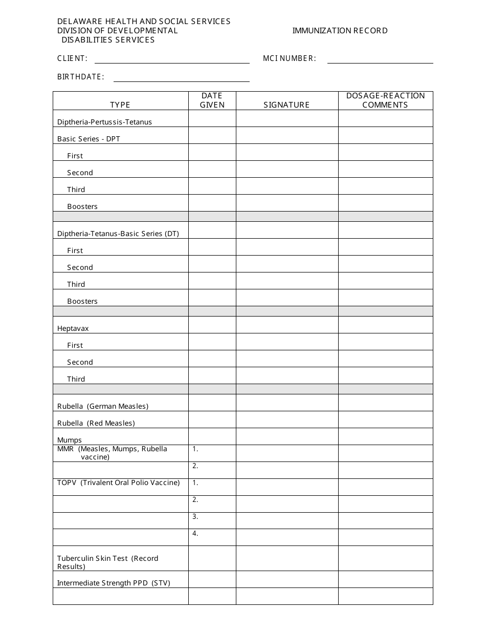 Immunization Record Form - Delaware, Page 1
