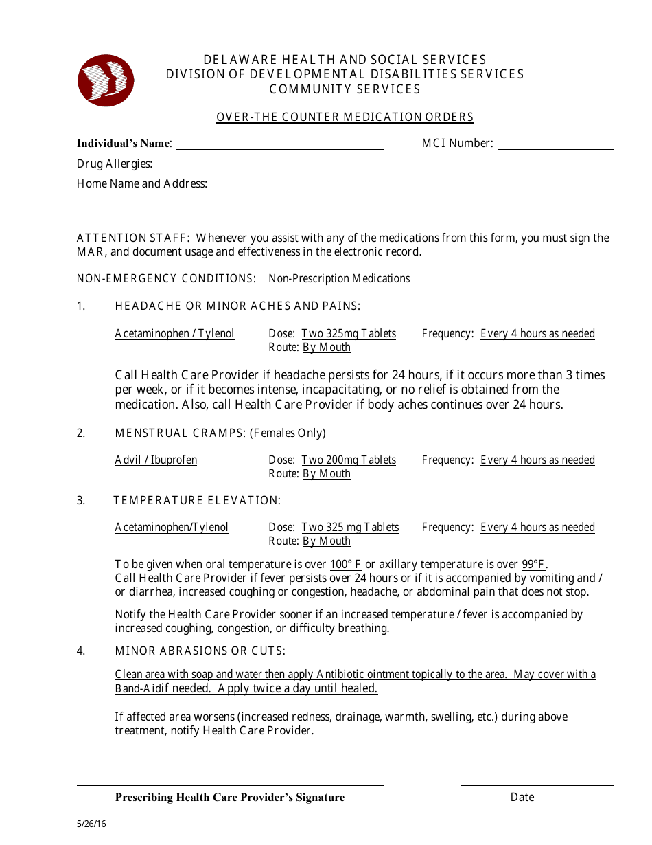 Over the Counter Medication Form - Delaware, Page 1