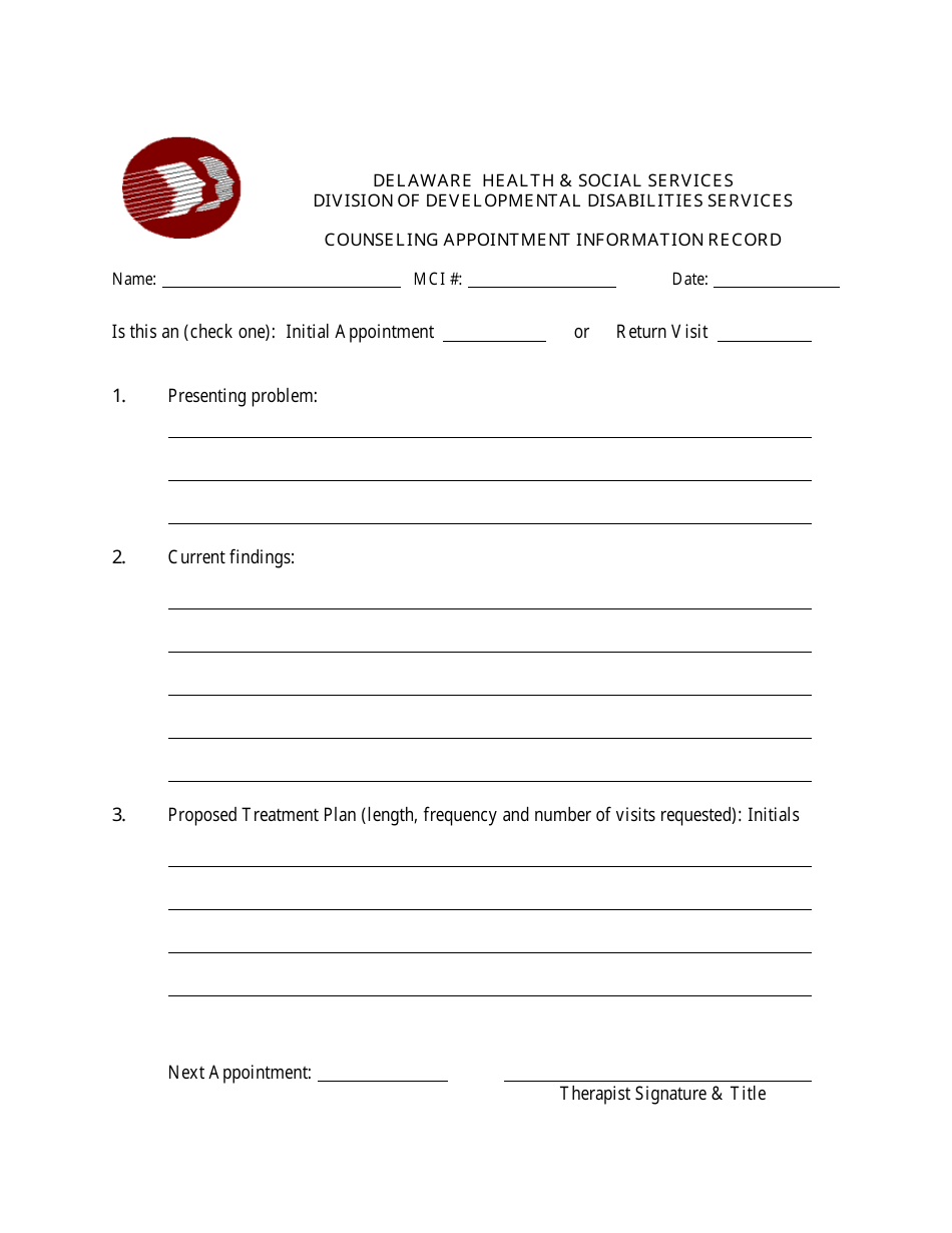Counseling Appointment Information Record Form - Delaware, Page 1