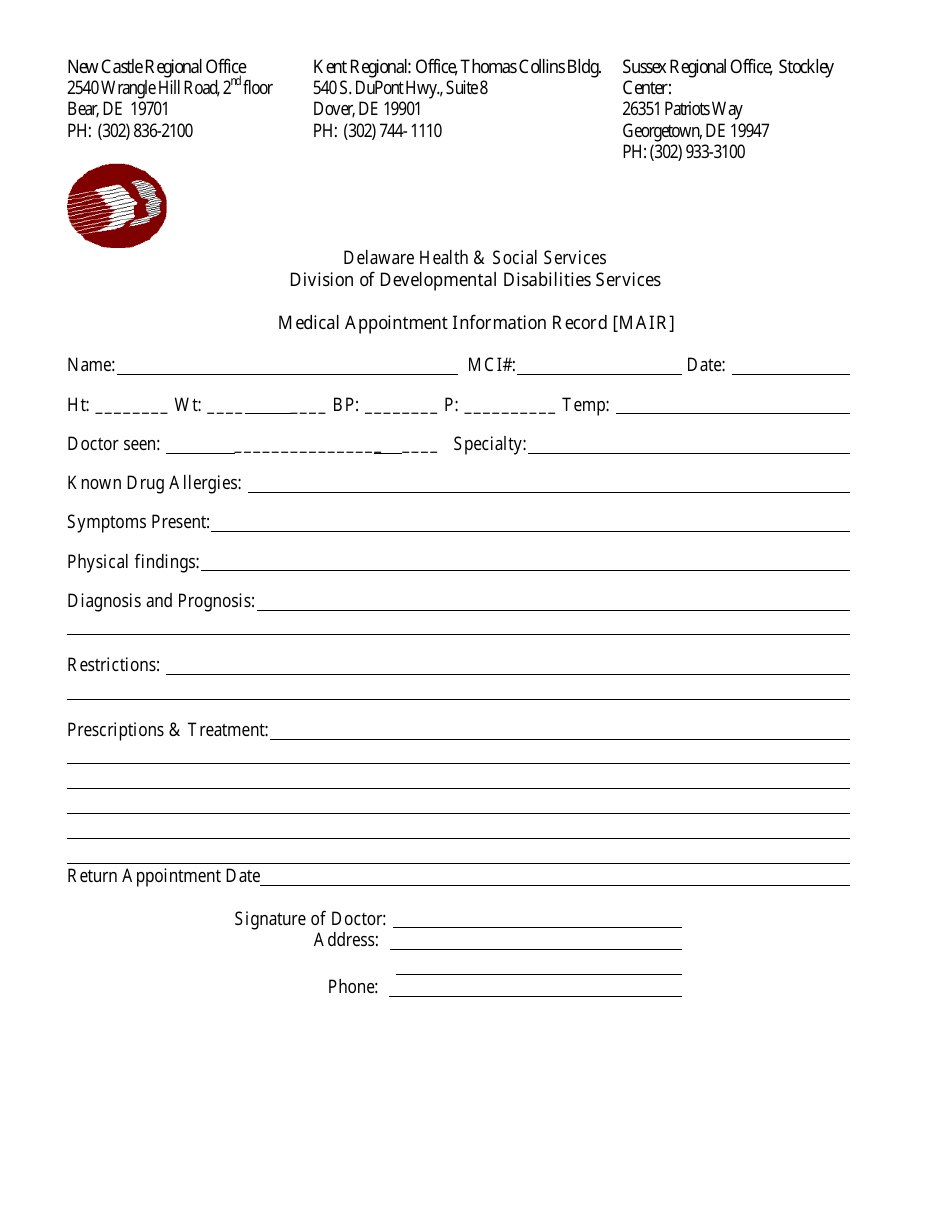 Medical Appointment Information Record [mair] Form - Delaware, Page 1
