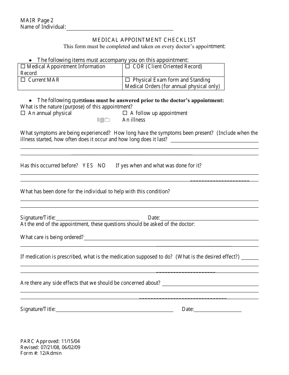 Medical Appointment Information Record [mair] Form - Delaware, Page 2