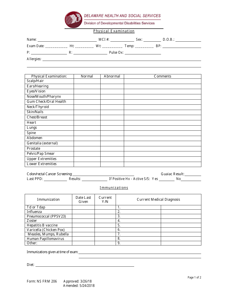 Form NS FRM206 Physical Examination - Delaware, Page 1