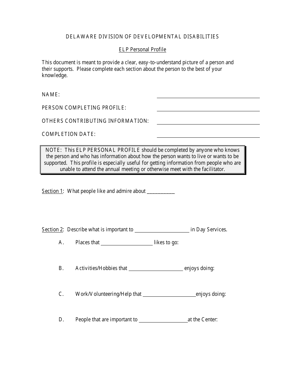 Elp Personal Profile Form - Delaware, Page 1