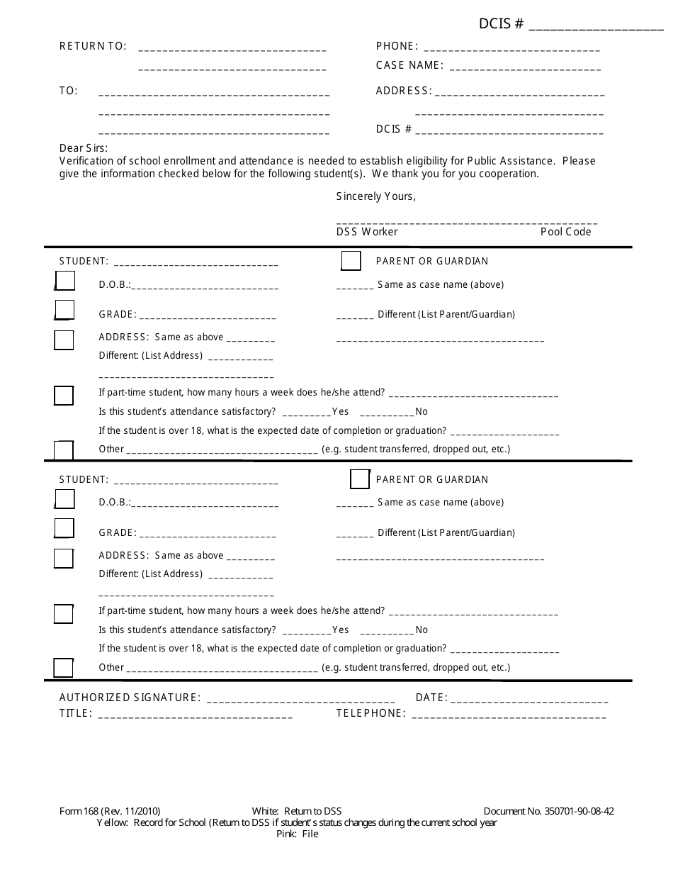 Form 168 School Verification Form - Delaware, Page 1