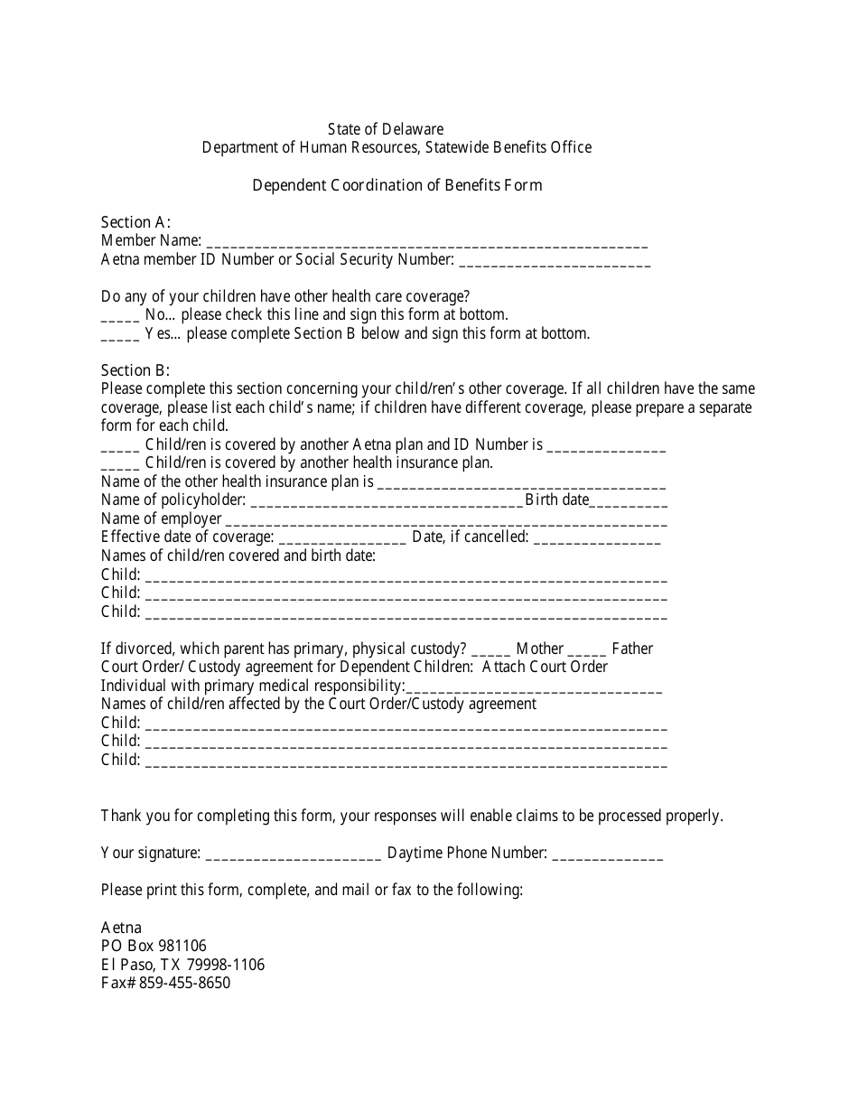 Dependent Coordination of Benefits Form - Aetna - Delaware, Page 1