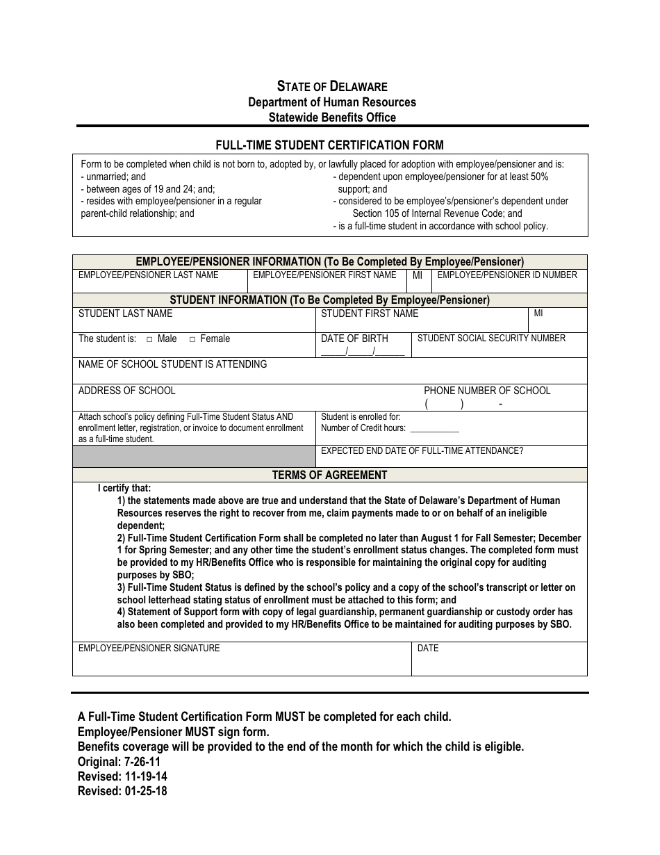 Full-Time Student Certification Form - Delaware, Page 1