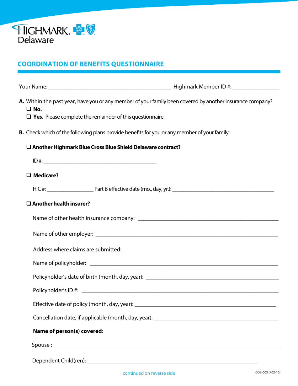 Form COB-003 Coordination of Benefits Questionnaire Form - Delaware, Page 1